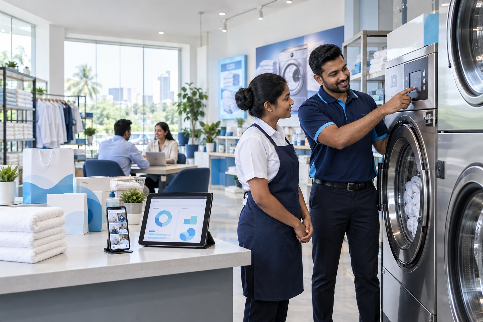 Laundry specialist training staff beside commercial equipment